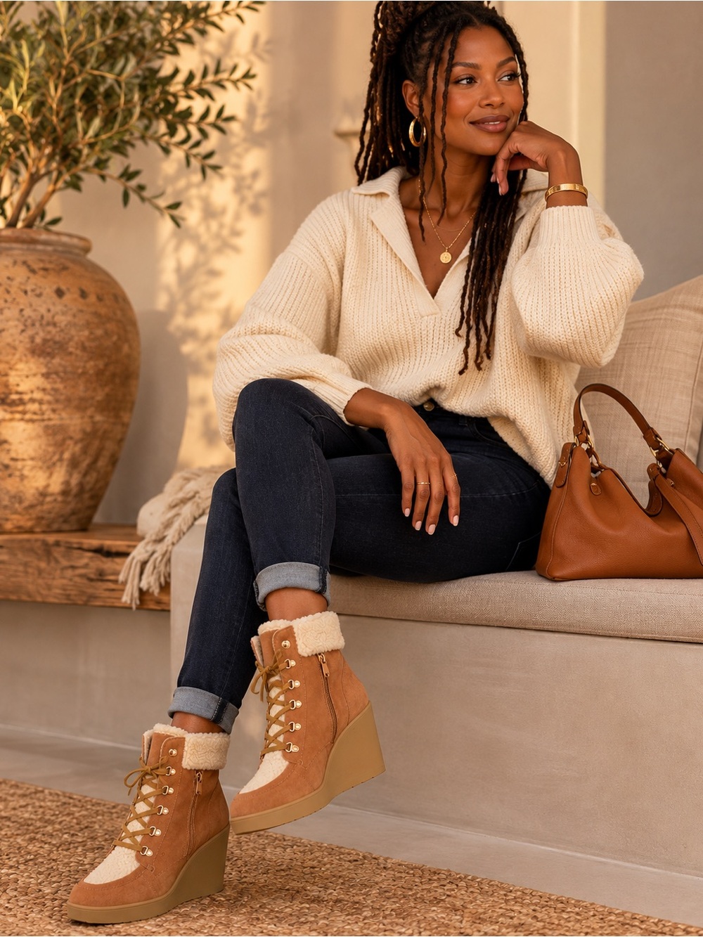 Jessica Simpson Sherpa Lace-Up Wedge Boots Cognac Size 9